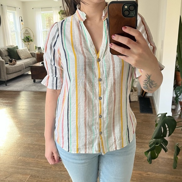 Maeve Anthropologie “Alisa” Button-Up Striped Top with Puff Sleeves - Picture 3 of 8